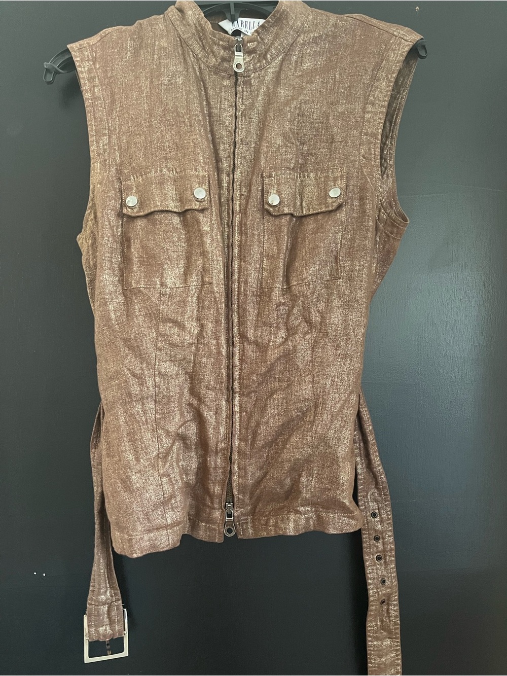 Vintage Marella Brown Metallic Sleeveless Zip-Front Utility Top